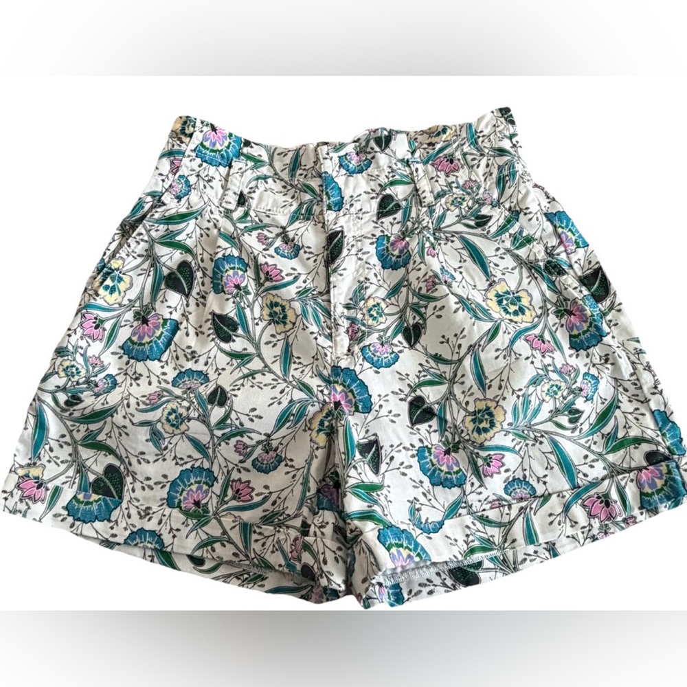 LOFT White Teal Pink Floral 100% Cotton High Stretchy Waist Summer Shorts Size 4